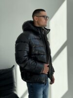 Мужская Зимняя Глянцевая Черная Куртка Стеганая с Капюшоном
