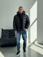 Мужская Зимняя Глянцевая Черная Куртка Стеганая с Капюшоном