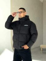 Мужская Зимняя Стеганая Черная Куртка - Теплая под Горло с Капюшоном