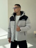 Мужская Зимняя Стеганая Серая Куртка - Теплая под Горло с Капюшоном
