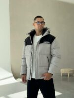 Мужская Зимняя Стеганая Серая Куртка - Теплая под Горло с Капюшоном