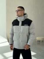 Мужская Зимняя Стеганая Серая Куртка - Теплая под Горло с Капюшоном