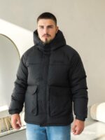 Мужская Зимняя Черная Куртка с Капюшоном - Стеганая Дутик с Накладными Карманами