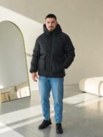 Мужская Зимняя Черная Куртка с Капюшоном - Стеганая Дутик с Накладными Карманами