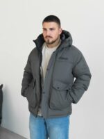 Мужская Зимняя Темно-Серая Куртка с Капюшоном - Стеганая Дутик с Накладными Карманами