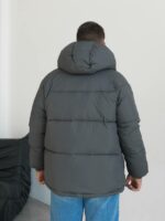 Мужская Зимняя Темно-Серая Куртка с Капюшоном - Стеганая Дутик с Накладными Карманами