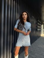Женское Трикотажное Голубое Платье Мини на Пуговицах с Короткими Рукавами