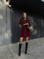 Женское Трикотажное Бордовое Платье Мини на Пуговицах с Короткими Рукавами