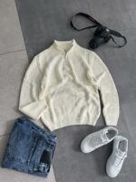 Мужской Базовый Молочный Свитер Зип - Вязаный с Высокой Горловиной на Замке