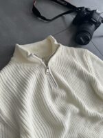 Мужской Базовый Молочный Свитер Зип - Вязаный с Высокой Горловиной на Замке