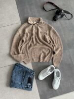 Мужской Базовый Бежевый Свитер Зип - Вязаный с Высокой Горловиной на Замке