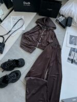 Женский Велюровый Костюм Коричневый - Укороченная Кофта на Молнии + Штаны Палаццо