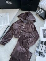 Женский Велюровый Костюм Коричневый - Укороченная Кофта на Молнии + Штаны Палаццо