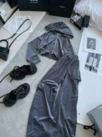 Женский Велюровый Костюм Серый - Укороченная Кофта на Молнии + Штаны Палаццо