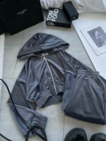 Женский Велюровый Костюм Серый - Укороченная Кофта на Молнии + Штаны Палаццо