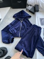 Женский Велюровый Костюм Темно-Синий - Укороченная Кофта на Молнии + Штаны Палаццо