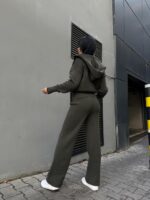 Женский Свободный Трикотажный Костюм Хаки Двойка - Джемпер на Молнии + Штаны Палаццо