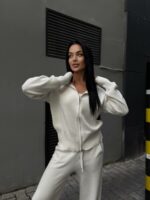 Женский Свободный Трикотажный Белый Костюм Двойка - Джемпер на Молнии + Штаны Палаццо