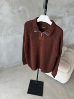 Мужской Базовый Вязаный Коричневый Свитер с Зип Воротником