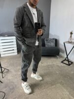 Мужской Классический Темно-Серый Костюм в Клетчатый Принт (Жакет + Штаны)