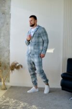 Мужской Классический Серый Костюм в Клетчатый Принт (Жакет + Штаны)