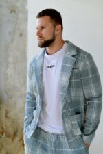 Мужской Классический Серый Костюм в Клетчатый Принт (Жакет + Штаны)