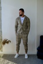 Мужской Классический Песочный Костюм в Клетчатый Принт (Жакет + Штаны)
