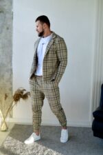 Мужской Классический Песочный Костюм в Клетчатый Принт (Жакет + Штаны)