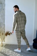 Мужской Классический Песочный Костюм в Клетчатый Принт (Жакет + Штаны)