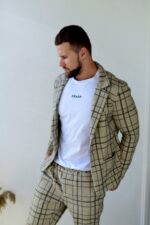 Мужской Классический Песочный Костюм в Клетчатый Принт (Жакет + Штаны)