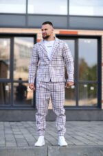 Мужской Классический Светло-Серый Костюм в Клетчатый Принт (Жакет + Штаны)