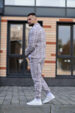 Мужской Классический Светло-Серый Костюм в Клетчатый Принт (Жакет + Штаны)