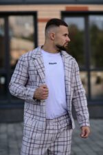 Мужской Классический Светло-Серый Костюм в Клетчатый Принт (Жакет + Штаны)