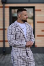 Мужской Классический Светло-Серый Костюм в Клетчатый Принт (Жакет + Штаны)