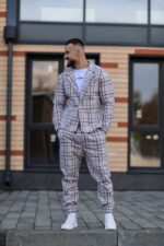 Мужской Классический Светло-Серый Костюм в Клетчатый Принт (Жакет + Штаны)