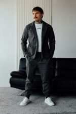 Мужской Классический Графитовый Костюм в Клетчатый Принт (Жакет + Штаны)