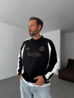 Мужской Черный Свитшот Реглан Оверсайз с Белыми Вставками