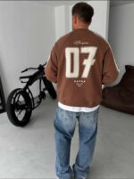 Мужской Коричневый Свитшот Реглан Оверсайз с Лампасами и Принтом Номером на Спине