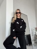 Женский Трикотажный Черный Костюм Оверсайз с Пандами - Комплект Свитер Штаны