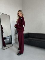 Женский Трикотажный Бордовый Костюм Оверсайз с Пандами - Комплект Свитер Штаны