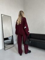 Женский Трикотажный Бордовый Костюм Оверсайз с Пандами - Комплект Свитер Штаны