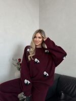 Женский Трикотажный Бордовый Костюм Оверсайз с Пандами - Комплект Свитер Штаны