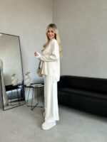 Женский Трикотажный Базовый Молочный Костюм Свободного Кроя - Комплект Свитер Штаны