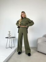 Женский Трикотажный Базовый Костюм Хаки Свободного Кроя - Комплект Свитер Штаны