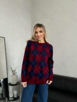 Женский Бордовый Свитер Оверсайз с Ромбами