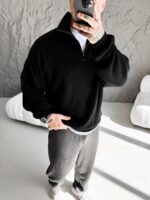 Мужской Черный Свитер Свободного Кроя - Вязаный с Зип Воротником на Змейке