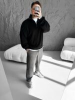 Мужской Черный Свитер Свободного Кроя - Вязаный с Зип Воротником на Змейке