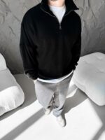 Мужской Черный Свитер Свободного Кроя - Вязаный с Зип Воротником на Змейке