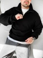 Мужской Черный Свитер Свободного Кроя - Вязаный с Зип Воротником на Змейке