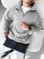 Мужской Серый Свитер Свободного Кроя - Вязаный с Зип Воротником на Змейке